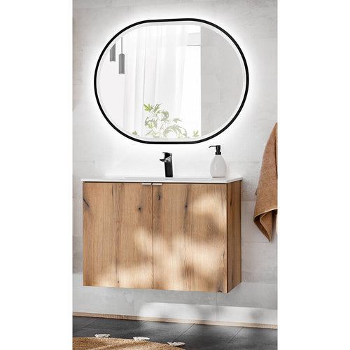 Set dulap baie cu lavoar si oglinda cu LED 94 Newport efect lemn stejar [en.casa]