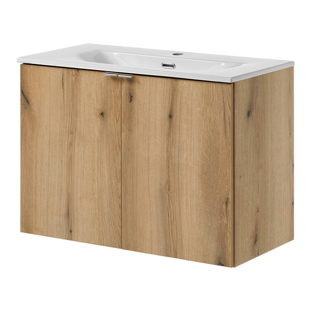 Set dulap perete baie cu lavoar 3x Newport efect stejar [en.casa]